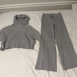 Gray Ribbed Knit Hoodie and Pants Set